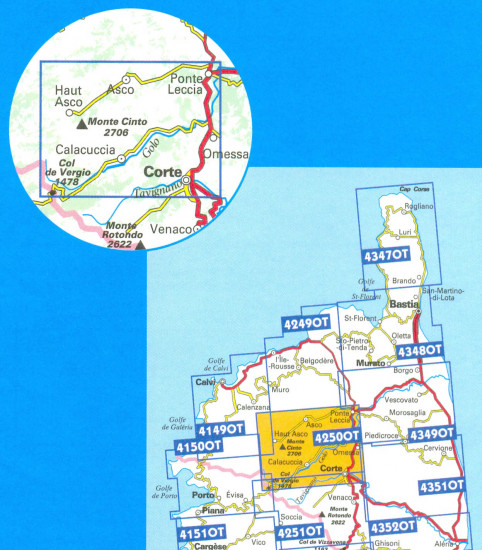 detail IGN 4250 OT Corte / Monte Cinto / PNR de Corse 1:25t mapa IGN