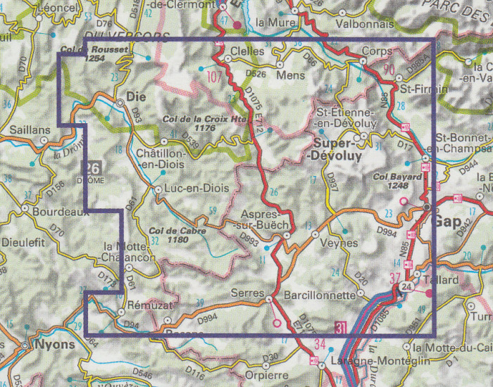 detail Diois, Devoluy, hte Vallée de la Drome 1:75t mapa IGN