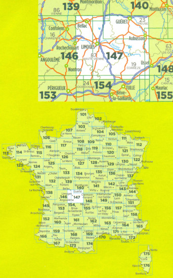detail IGN 147 Limoges, Guéret 1:100t mapa IGN