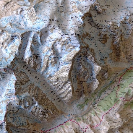 detail Massif du Mont Blanc reliéfní mapa 1:56.000 IGN