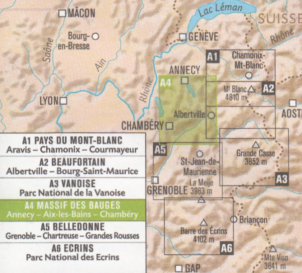 detail A4 Massif de Bauges, Annency 1:50t mapa RANDO