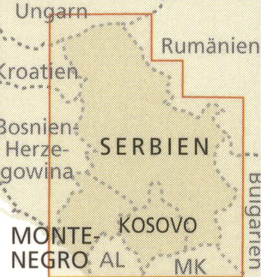 detail Srbsko, Černá Hora, Kosovo (Serbia, Montenegro) 1:385t mapa RKH
