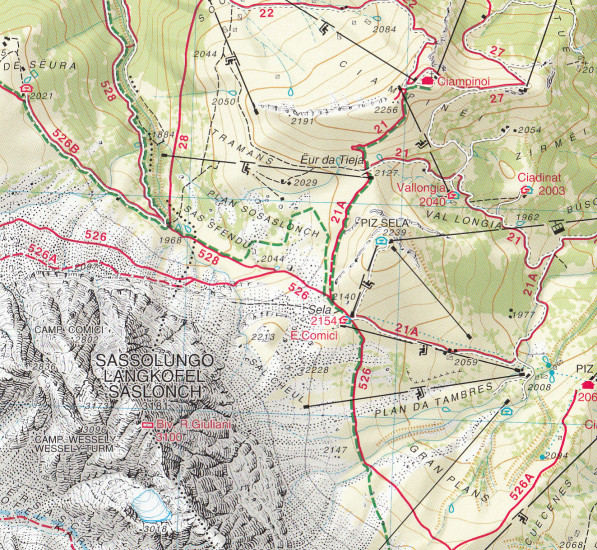 detail Val Gardena, Alpe di Siusi, Gröden 1:25 000 turistická mapa TABACCO #05