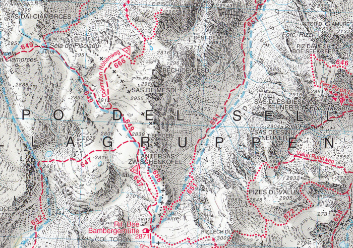 detail Val Gardena, Alpe di Siusi, Gröden 1:25 000 turistická mapa TABACCO #05