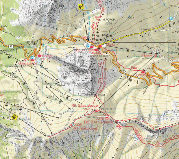 detail Val di Fassa, Dolomiti Fassane 1:25 000 turistická mapa TABACCO #06