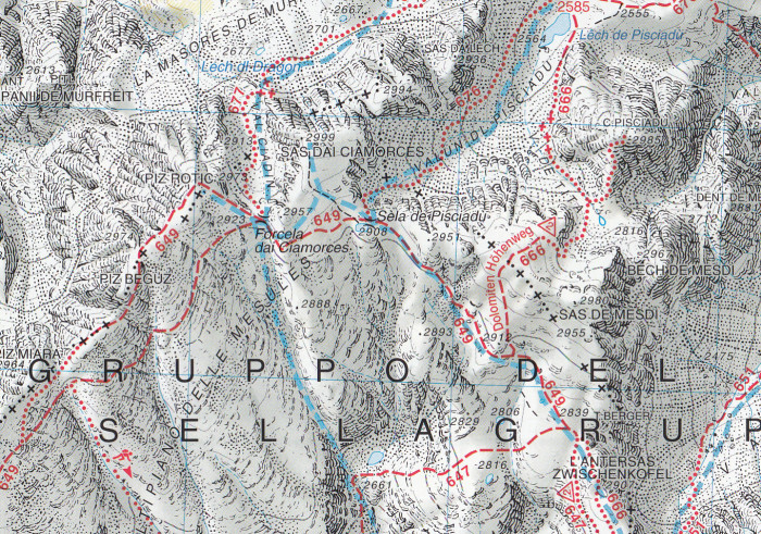 detail Val di Fassa, Dolomiti Fassane 1:25 000 turistická mapa TABACCO #06