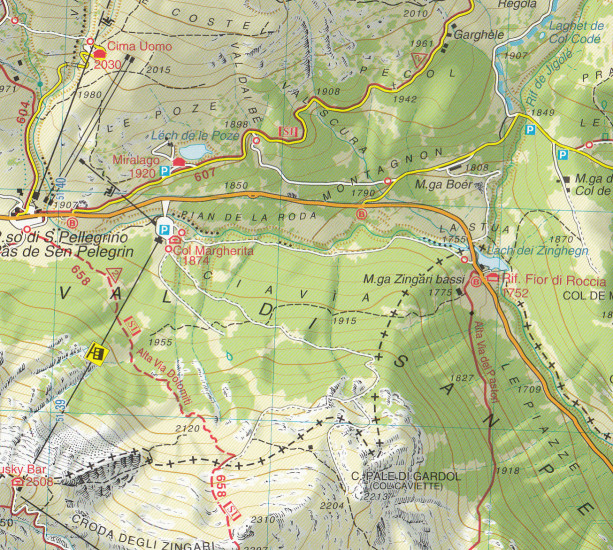 detail Marmolada, Pelmo, Civetta, Moiazza 1:25 000 turistická mapa TABACCO #015