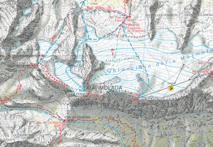 detail Marmolada, Pelmo, Civetta, Moiazza 1:25 000 turistická mapa TABACCO #015