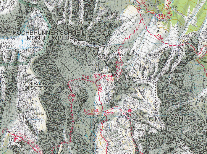 detail Dolomiti di Auronzo, del Comelico 1:25 000 turistická mapa TABACCO #017