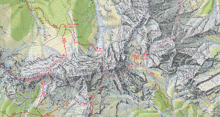 detail Dolomiti Friulane, E D´Oltre Piave 1:25 000 turistická mapa TABACCO #21