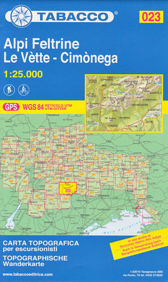 detail Alpi Feltrine, Le Vette- Cimonega 1:25 000 turistická mapa TABACCO #23