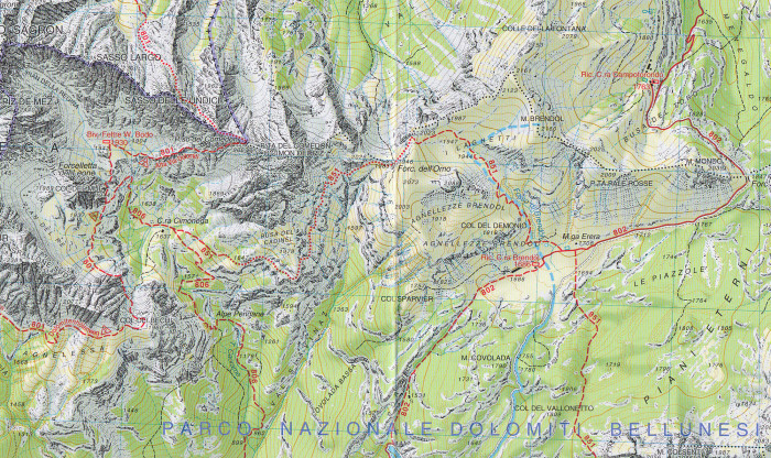 detail Alpi Feltrine, Le Vette- Cimonega 1:25 000 turistická mapa TABACCO #23