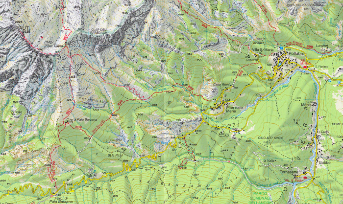 detail Val Tramontina, Val Cosa – Val D´Arzino 1:25 000 turistická mapa TABACCO #28