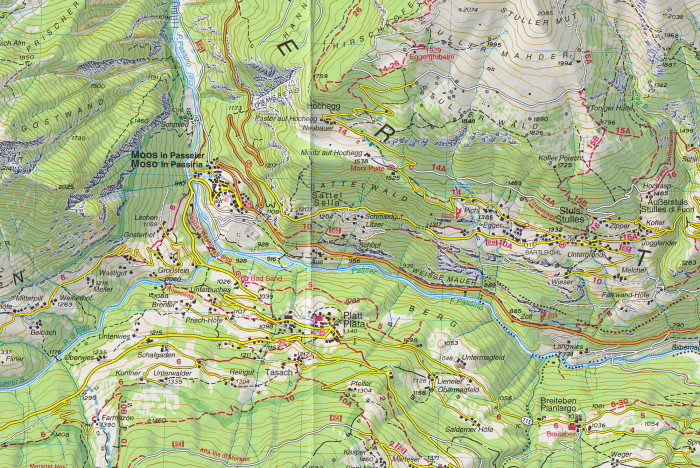 detail Passeiertal, Val Passiria 1:25 000 turistická mapa TABACCO #39