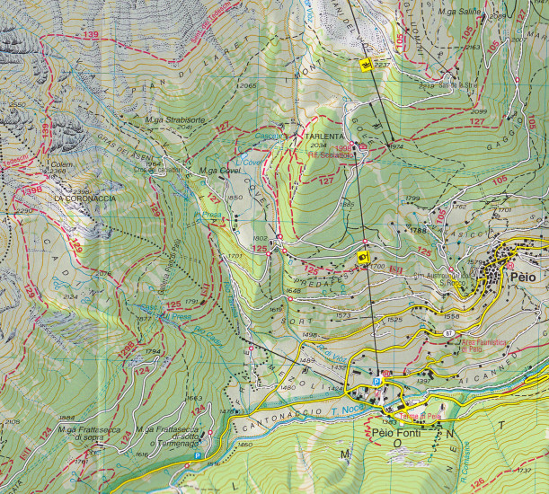detail Val di Peio – Val di Rabbi, Val di Sole1:25 000 turistická mapa TABACCO #48