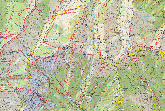 detail Massiccio del Grappa Bassano – Feltre 1:25 000 turistická mapa TABACCO #51