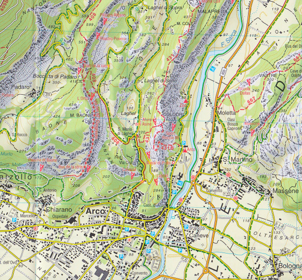 detail Valle del Sarca, Arco – Riva del Grada 1:25 000 turistická mapa TABACCO #55