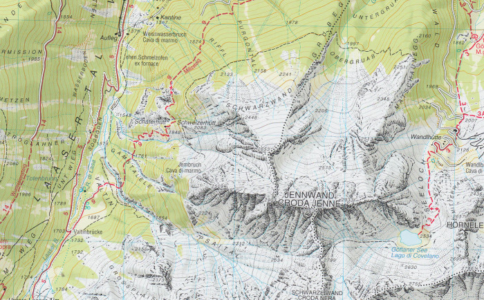detail Vinschgau, Mals, Sesvenna, Val Venosta 1:25 000 turistická mapa TABACCO #44