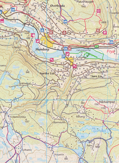 detail Huldreheimen 1:100.000 mapa (Norsko)