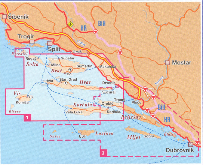 detail Dalmátské pobřeží sever (Šolta, Brač, Hvar, Vis, Korčula, Makarska, Biokovo)